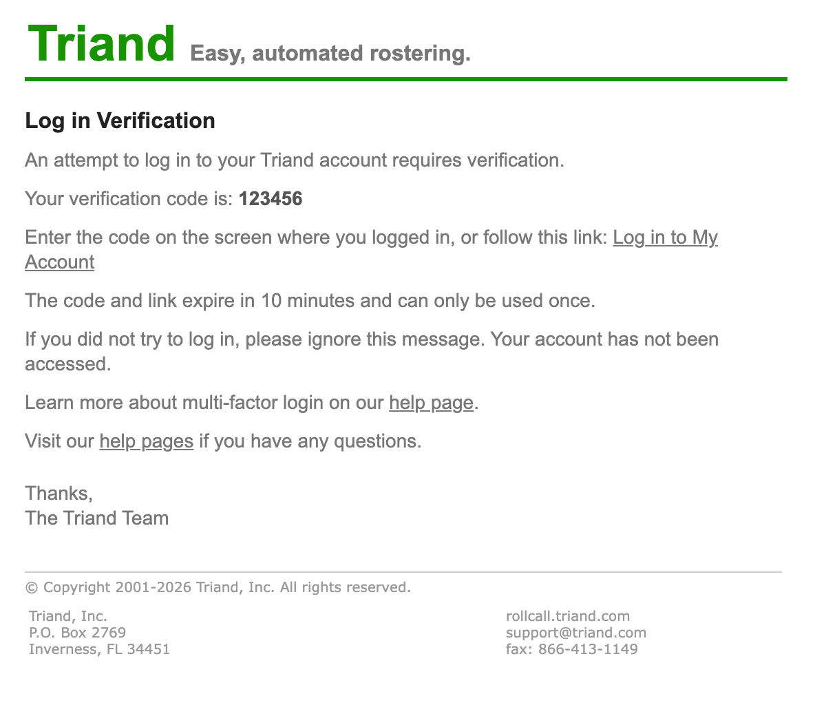 RollCall Login Verification email showing the Log In to My Account link