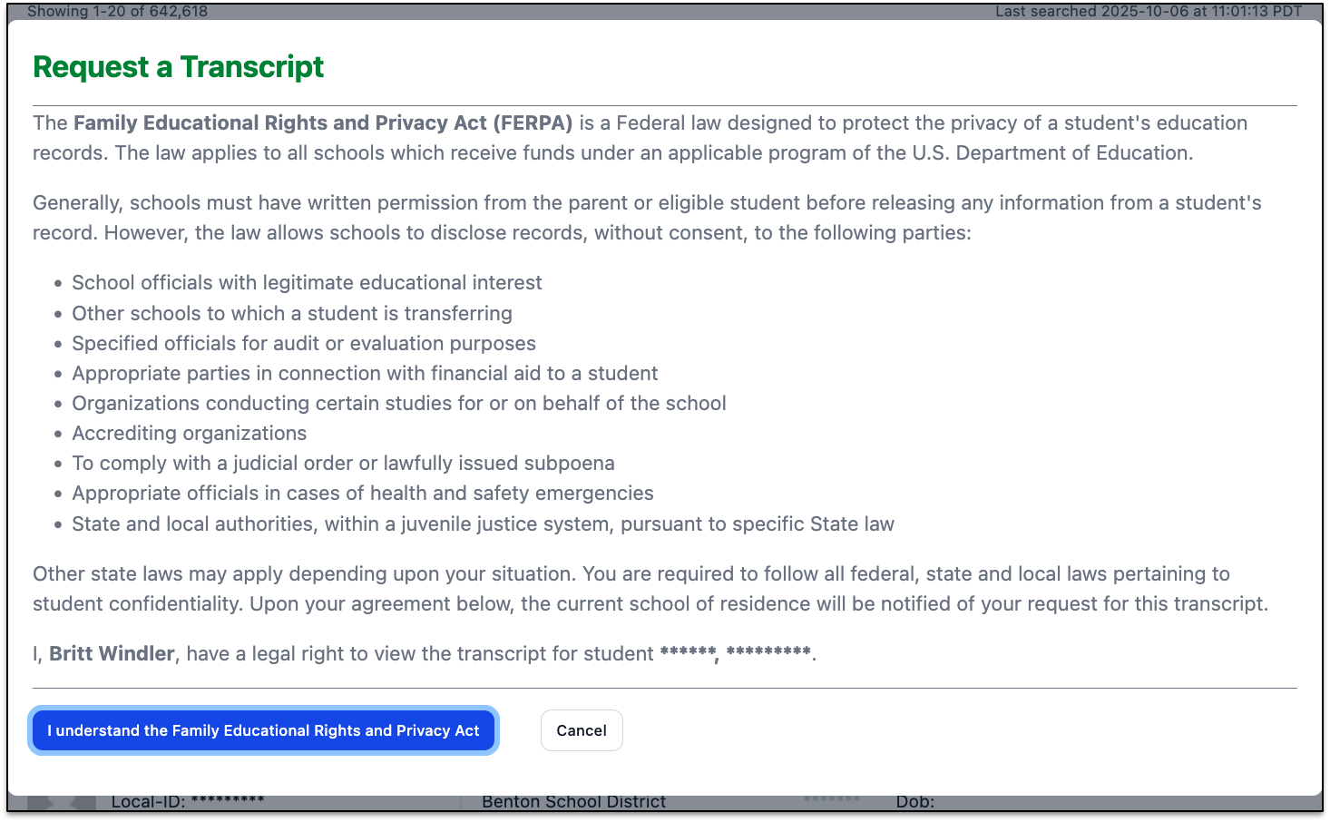 screenshot FERPA transcript request