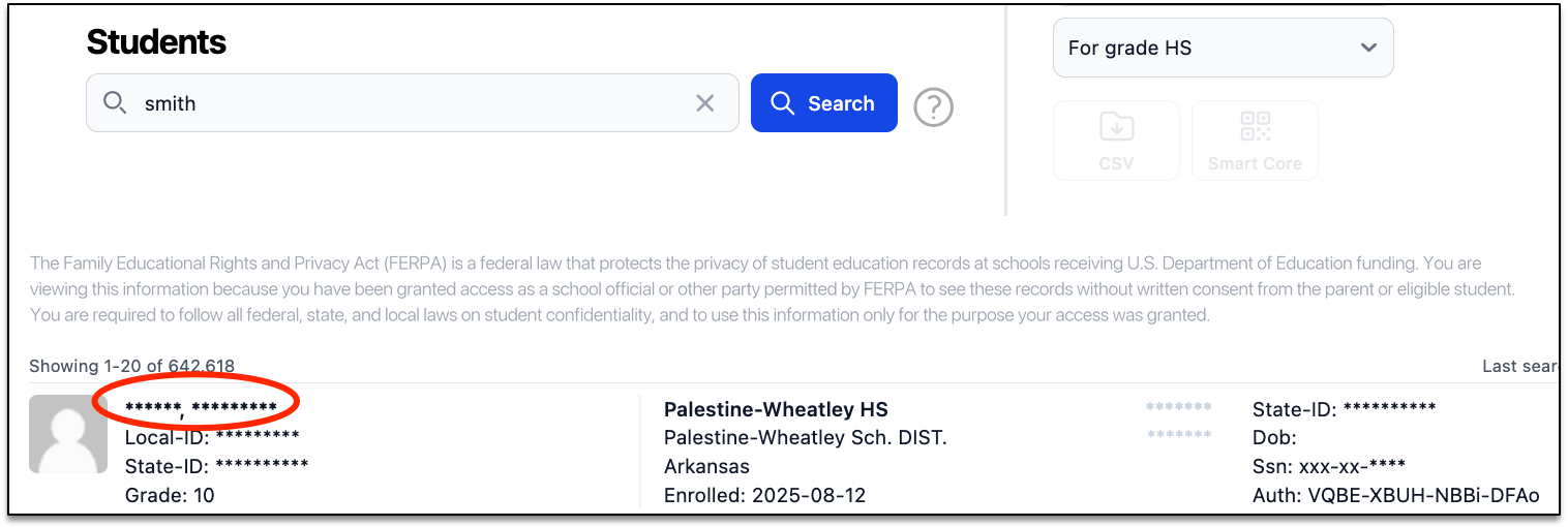 screenshot student search results