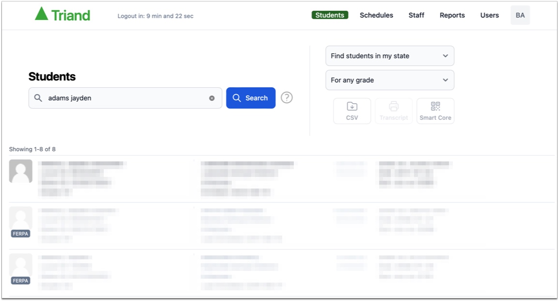 screenshot student search with ferpa